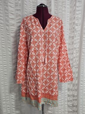 Nvelop Sun UV Protectant Boho Swim Tunic Dress Beach Cover-Up Coral Reef Large